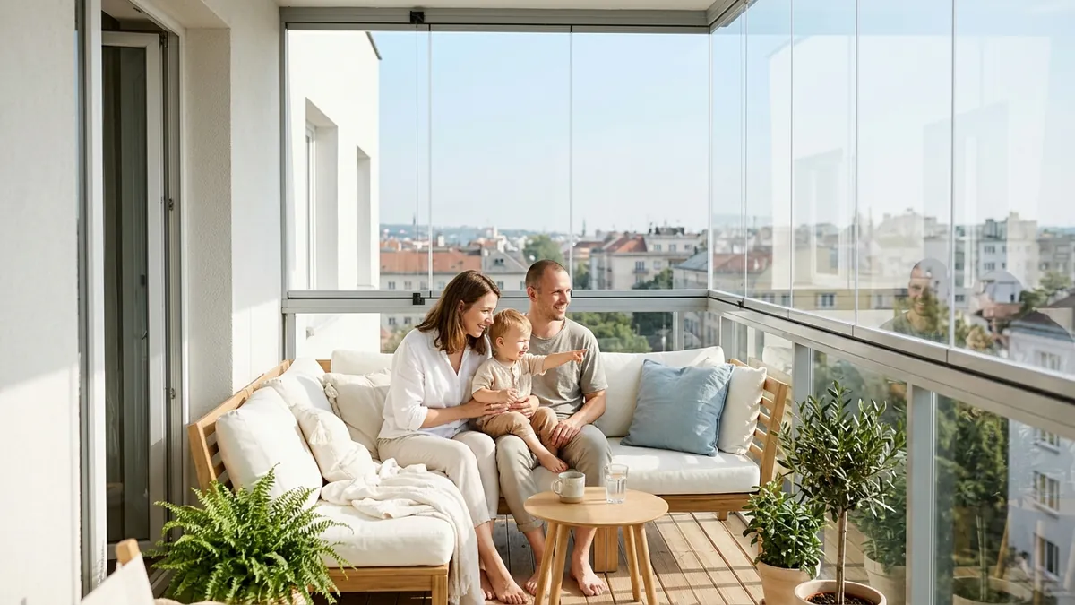 Mama, otec a malé dieťa na zasklenom balkóne s bezrámovými tabuľami, dieťa ukazuje na výhľad na mesto, ranné svetlo