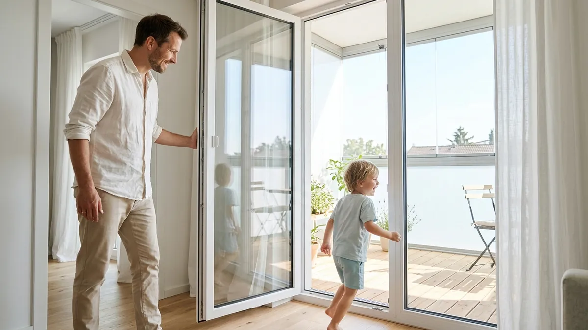 Otec otvára nové biele balkónové dvere na slnečný zasklený balkón, dieťa so smiechom vybieha von, biely interiér a svetlá drevená podlaha